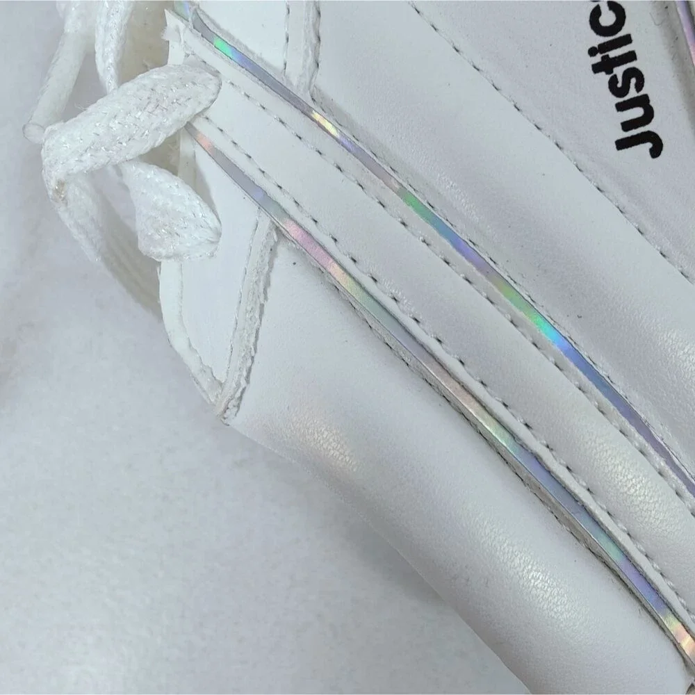 NWT Justice Sport Girls' Mid Court Iridescent Pearl Holographic Sneakers, Sz 4